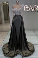 Dreamyannie Olive Square Neck Prom Dress A Line Panel Train Satin Formal Dress With Pearls
