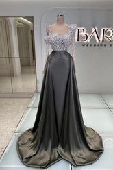 Dreamyannie Olive Square Neck Prom Dress A Line Panel Train Satin Formal Dress With Pearls