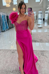 Dreamyannie One Shoulder Floral Blush Prom Dress Corset Formal Dress With Slit