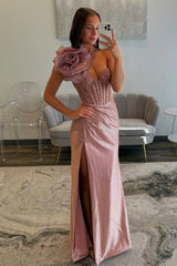 Dreamyannie One Shoulder Floral Blush Prom Dress Corset Formal Dress With Slit