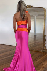 Dreamyannie One Shoulder Fuchsia Prom Dress Cut Out Satin Long Formal Dress With Slit
