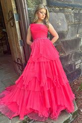 Dreamyannie One Shoulder Fuchsia Prom Dress Long Formal Dress With Ruffles