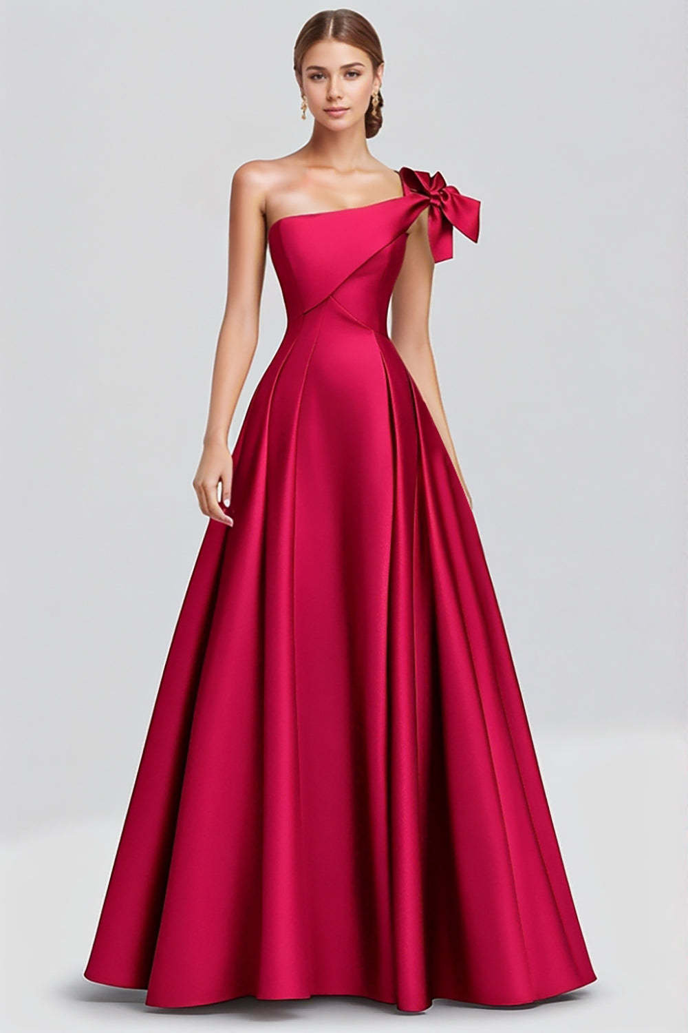 Dreamyannie One Shoulder Fuchsia Wedding Guest Dress A Line Satin Long Formal Dress Bow