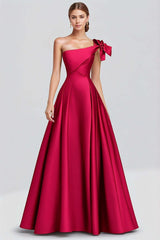 Dreamyannie One Shoulder Fuchsia Wedding Guest Dress A Line Satin Long Formal Dress Bow