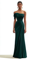 Dreamyannie One Shoulder Ruched Mermaid Dark Green Wedding Guest Dress Long Formal Dress