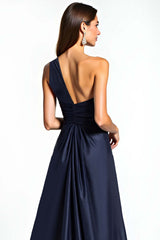 Dreamyannie One Shoulder Satin Navy Wedding Guest Dress Long Formal Dress