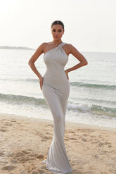 Dreamyannie One Shoulder Satin Prom Dress Beaded Mermaid Formal Dress