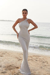 Dreamyannie One Shoulder Satin Prom Dress Beaded Mermaid Formal Dress