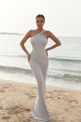 Dreamyannie One Shoulder Satin Prom Dress Beaded Mermaid Formal Dress