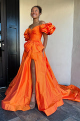 Dreamyannie Orange Prom Dress A-Line Off The Shoulder Ruffles Long Formal Dress With Slit