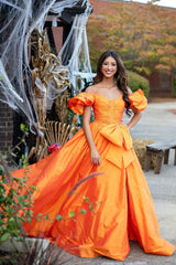 Dreamyannie Orange Prom Dress A-Line Off The Shoulder Ruffles Long Formal Dress With Slit