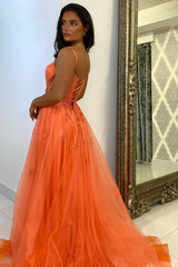Dreamyannie Orange Prom Dress Floral A-Line Spaghetti Straps Long Formal Dress