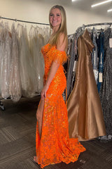 Dreamyannie Orange Prom Dress Floral Mermaid Off The Shoulder Long Formal Dress With Slit