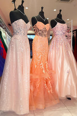 Dreamyannie Orange Prom Dress Floral Mermaid Ruffles Spaghetti Straps Long Formal Dress