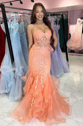 Dreamyannie Orange Prom Dress Floral Mermaid Ruffles Spaghetti Straps Long Formal Dress
