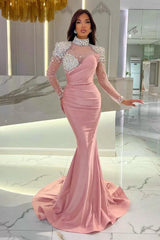 Dreamyannie Orange Prom Dress Mermaid High Neck Formal Dress With Sleeves