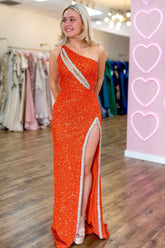 Dreamyannie Orange Prom Dress Mermaid One Shoulder Long Formal Dress With Slit