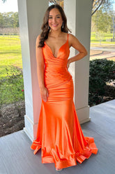 Dreamyannie Orange Prom Dress Mermiad Ruched Satin Formal Dress