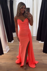 Dreamyannie Orange Prom Dress Ruched Mermaid Side Cape Long Formal Dress With Slit