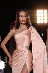 Dreamyannie Peach One Shoulder Prom Dress Satin Floor Length Formal Dress With Slit