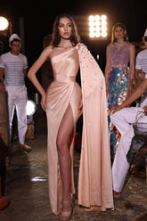 Dreamyannie Peach One Shoulder Prom Dress Satin Floor Length Formal Dress With Slit