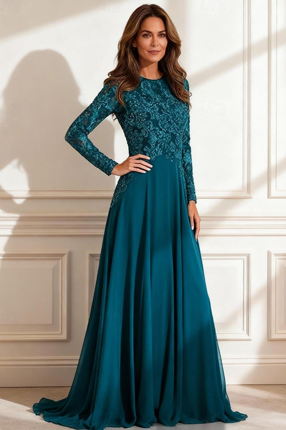 Dreamyannie Peacock Blue A Line Floor Length Mother Of The Bride Dress With Lace