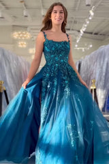 Dreamyannie Peacock Blue Prom Dress A Line Appliqued Tulle Long Formal Dress With Slit