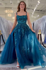 Dreamyannie Peacock Blue Prom Dress A Line Appliqued Tulle Long Formal Dress With Slit