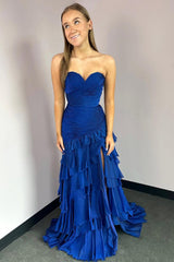 Dreamyannie Peacock Blue Prom Dress Ruffled Sweetheart Formal Dress With Slit