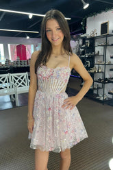 Dreamyannie Pink A Line Homecoming Dresses Floral Short Corset Cocktail Dresses