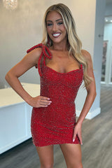 Dreamyannie Pink Beaded Tight Homecoming Dresses Short Cocktail Dresses With Bow