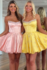 Dreamyannie Pink Corset Homecoming Dresses Strapless Short Cocktail Dresses With Rhinestone