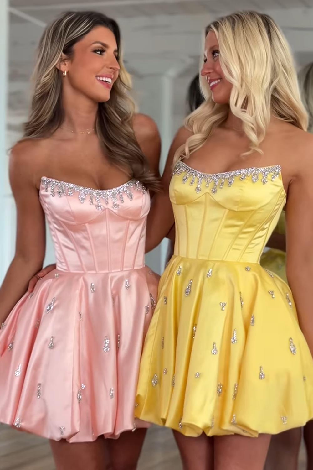 Dreamyannie Pink Corset Homecoming Dresses Strapless Short Cocktail Dresses With Rhinestone