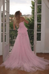Dreamyannie Pink Prom Dress 3D Flowers Strapless Mermaid Formal Dress With Side Slit