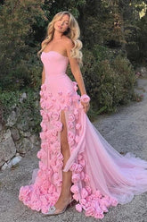Dreamyannie Pink Prom Dress 3D Flowers Strapless Mermaid Formal Dress With Side Slit