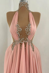 Dreamyannie Pink Prom Dress A Line Halter High Neck Beaded Sleeveless Floor Length Chiffon Formal Dress