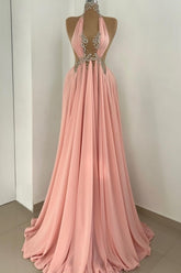 Dreamyannie Pink Prom Dress A Line Halter High Neck Beaded Sleeveless Floor Length Chiffon Formal Dress