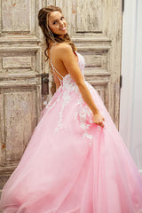 Dreamyannie Pink Prom Dress A Line Lace Tulle Backless Long Formal Dress