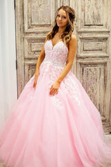 Dreamyannie Pink Prom Dress A Line Lace Tulle Backless Long Formal Dress