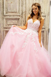 Dreamyannie Pink Prom Dress A Line Lace Tulle Backless Long Formal Dress