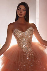Dreamyannie Pink Prom Dress A Line Princess Tulle Beading Sleeveless Formal Dress With Pearls