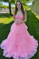 Dreamyannie Pink Prom Dress A-Line Ruffled Corset Long Formal Dress With Lace