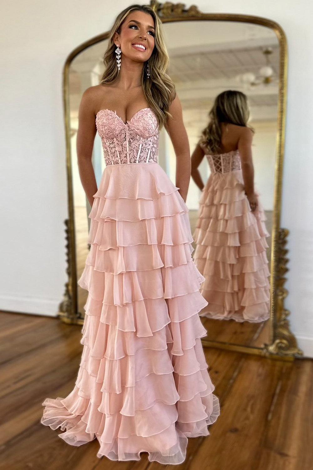 Dreamyannie Pink Prom Dress A-Line Tiered Chiffon Long Formal Dress With Lace