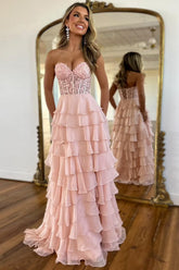 Dreamyannie Pink Prom Dress A-Line Tiered Chiffon Long Formal Dress With Lace