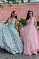 Dreamyannie Pink Prom Dress A-Line V-Neck Long Formal Dress