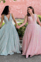 Dreamyannie Pink Prom Dress A-Line V-Neck Long Formal Dress
