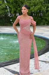 Dreamyannie Pink Prom Dress Column Square Sleeveless Beaded Sequined Formal Dress With Rhinestones