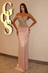 Dreamyannie Pink Prom Dress Column Strapless Beaded One Shoulder Sleeveless Satin Formal Dress With Rhinestones