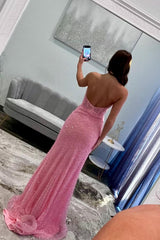 Dreamyannie Pink Prom Dress Corset Strapless Formal Dress With Slit