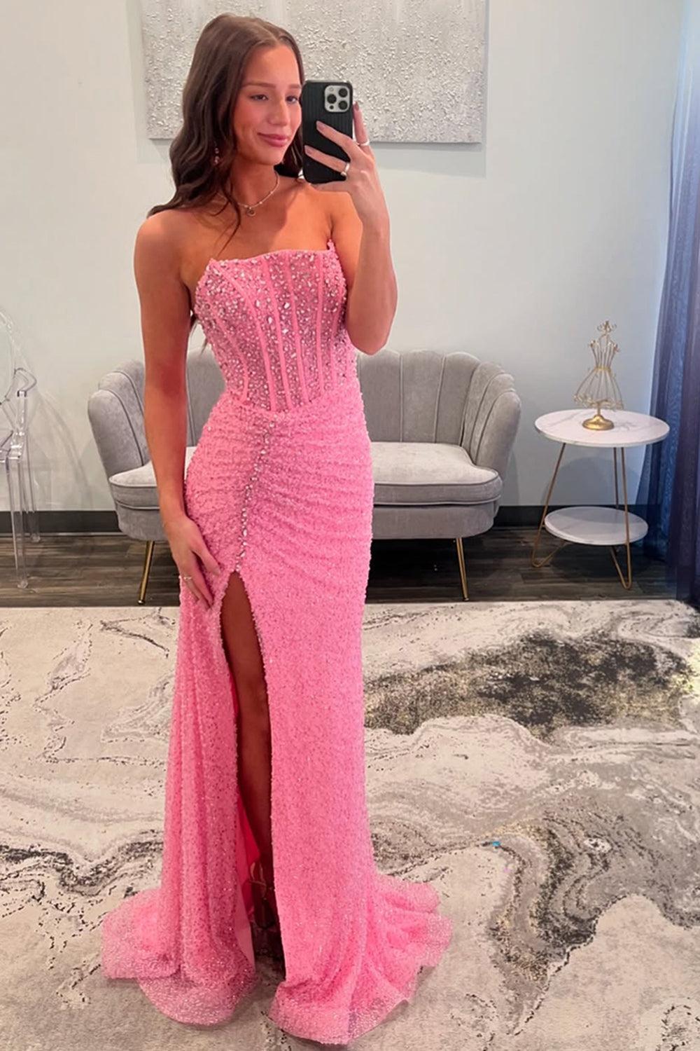 Dreamyannie Pink Prom Dress Corset Strapless Formal Dress With Slit